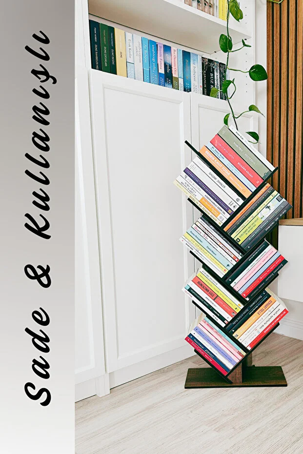 Geometrik 8 Raflı Ağaç Kitaplık Dekoratif Raf